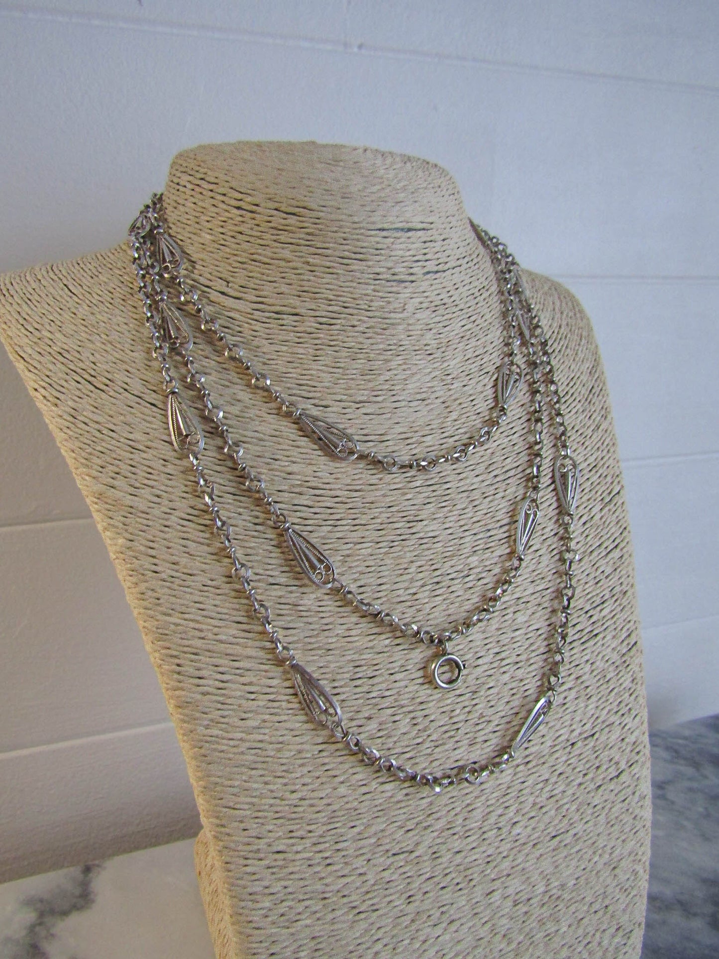 57" Victorian Silver Long Guard Chain, Antique French Belle Epoque Fancy Chain