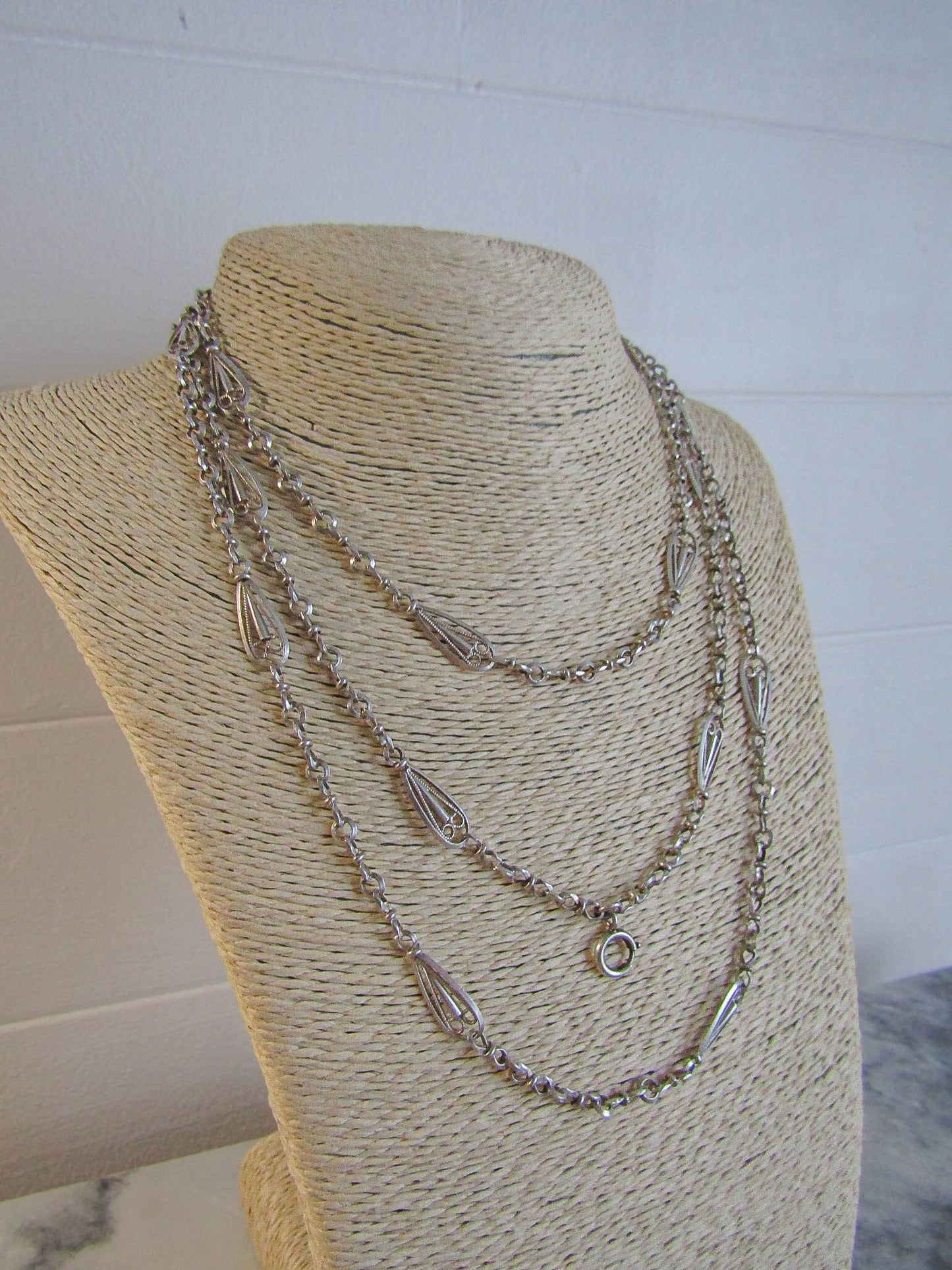 57" Victorian Silver Long Guard Chain, Antique French Belle Epoque Fancy Chain