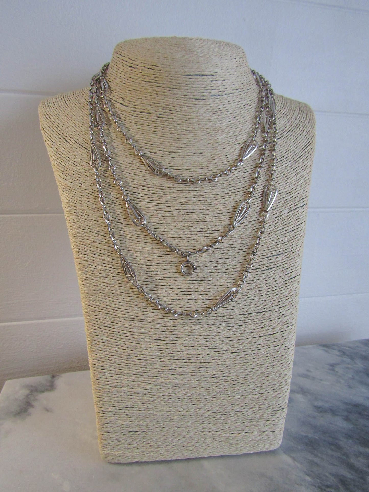 57" Victorian Silver Long Guard Chain, Antique French Belle Epoque Fancy Chain