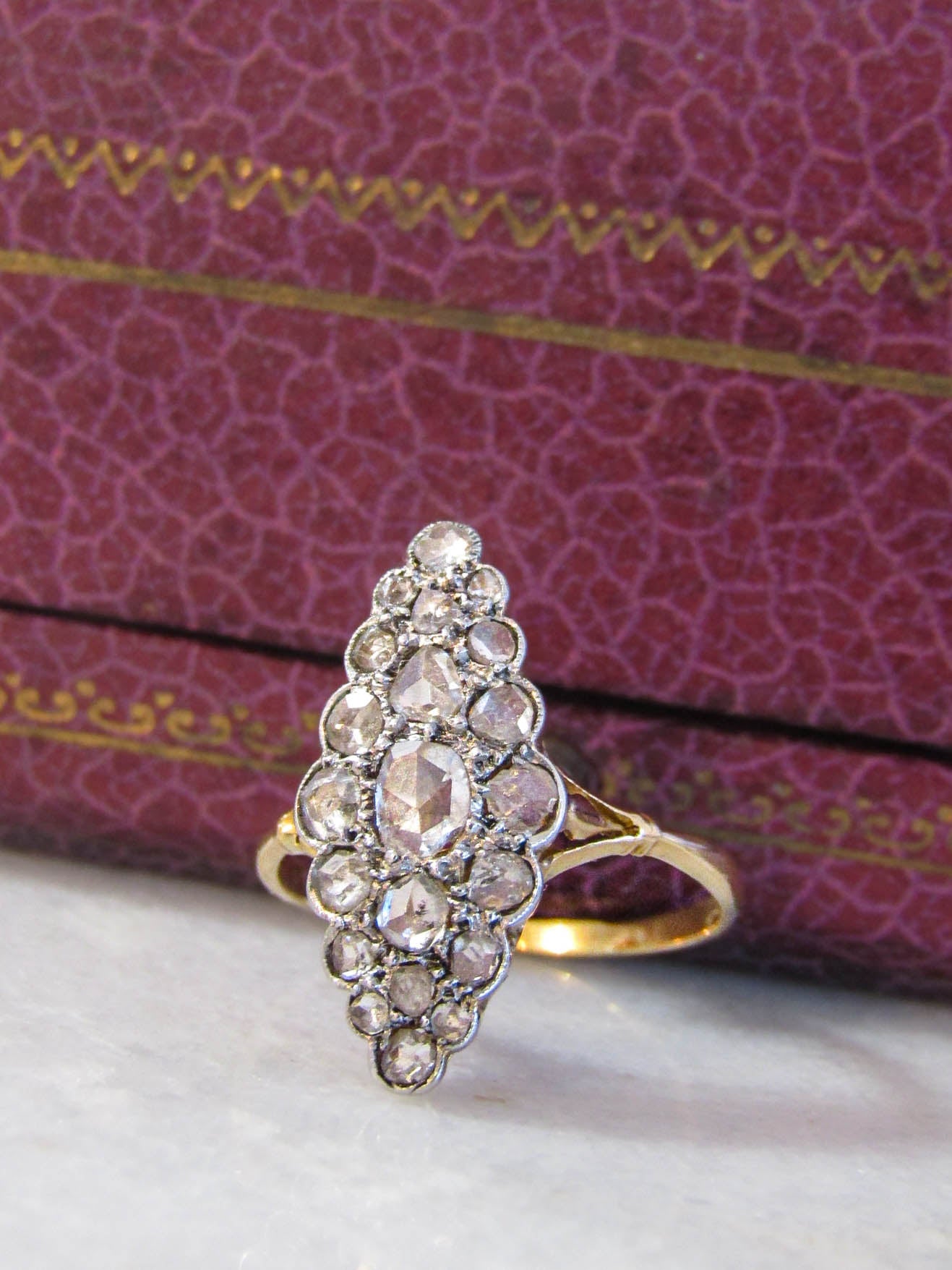 Edwardian Rose Cut Diamond Cluster Navette Ring, 18K Gold and Platinum Belle Epoque French Statement Ring c. 1900