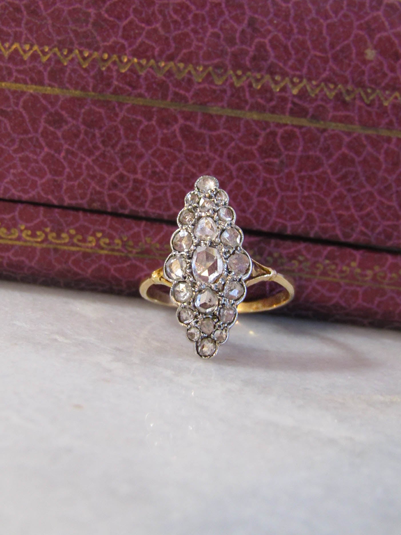 Edwardian Rose Cut Diamond Cluster Navette Ring, 18K Gold and Platinum Belle Epoque French Statement Ring c. 1900