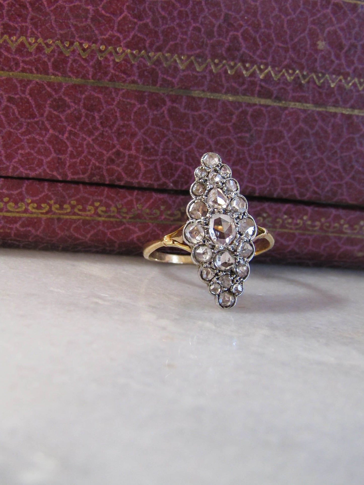 Edwardian Rose Cut Diamond Cluster Navette Ring, 18K Gold and Platinum Belle Epoque French Statement Ring c. 1900