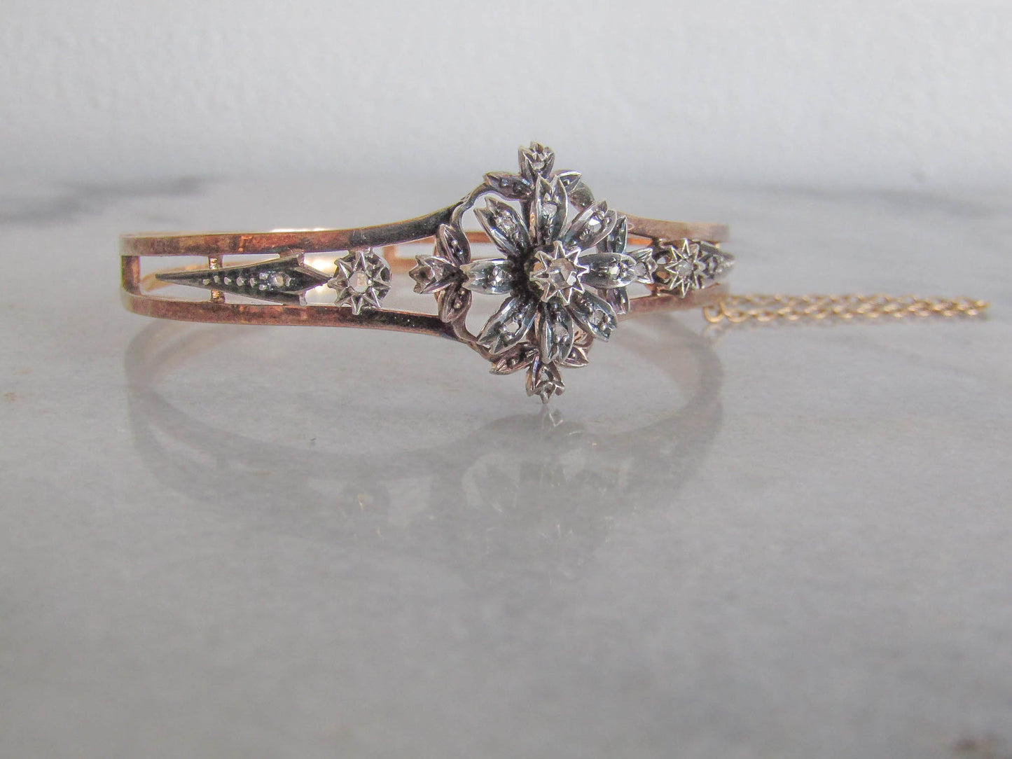 BOXED |Antique 18K Diamond French Bangle Bracelet, Belle Epoque Art Nouveau Silver and Gold Bangle c. 1880