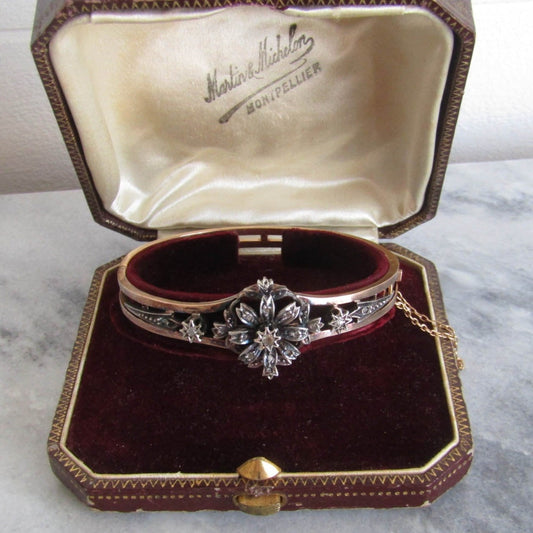 BOXED |Antique 18K Diamond French Bangle Bracelet, Belle Epoque Art Nouveau Silver and Gold Bangle c. 1880