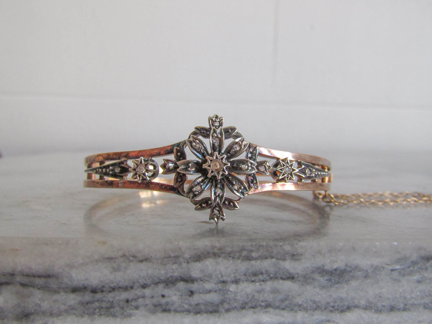 BOXED |Antique 18K Diamond French Bangle Bracelet, Belle Epoque Art Nouveau Silver and Gold Bangle c. 1880