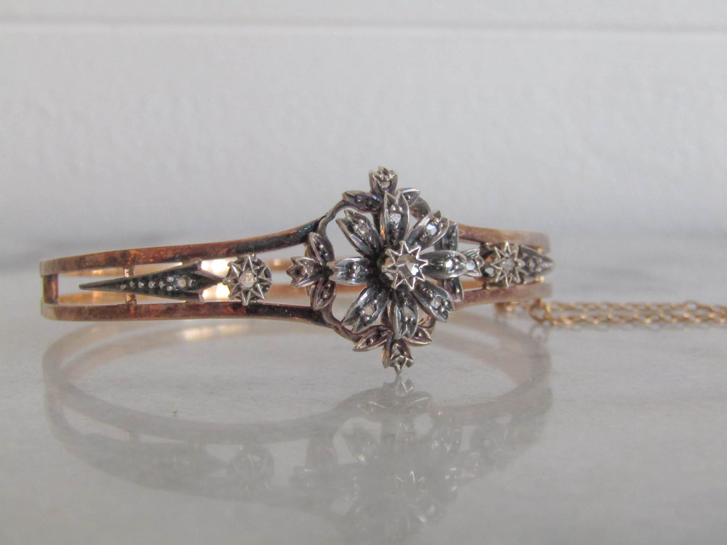 BOXED |Antique 18K Diamond French Bangle Bracelet, Belle Epoque Art Nouveau Silver and Gold Bangle c. 1880