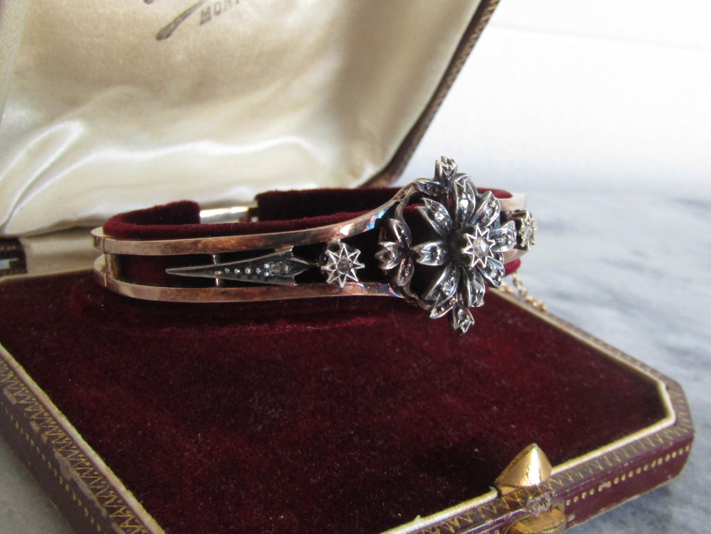 BOXED |Antique 18K Diamond French Bangle Bracelet, Belle Epoque Art Nouveau Silver and Gold Bangle c. 1880