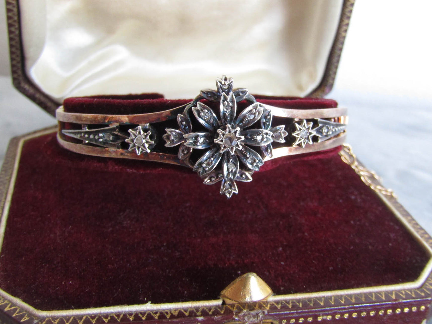 BOXED |Antique 18K Diamond French Bangle Bracelet, Belle Epoque Art Nouveau Silver and Gold Bangle c. 1880