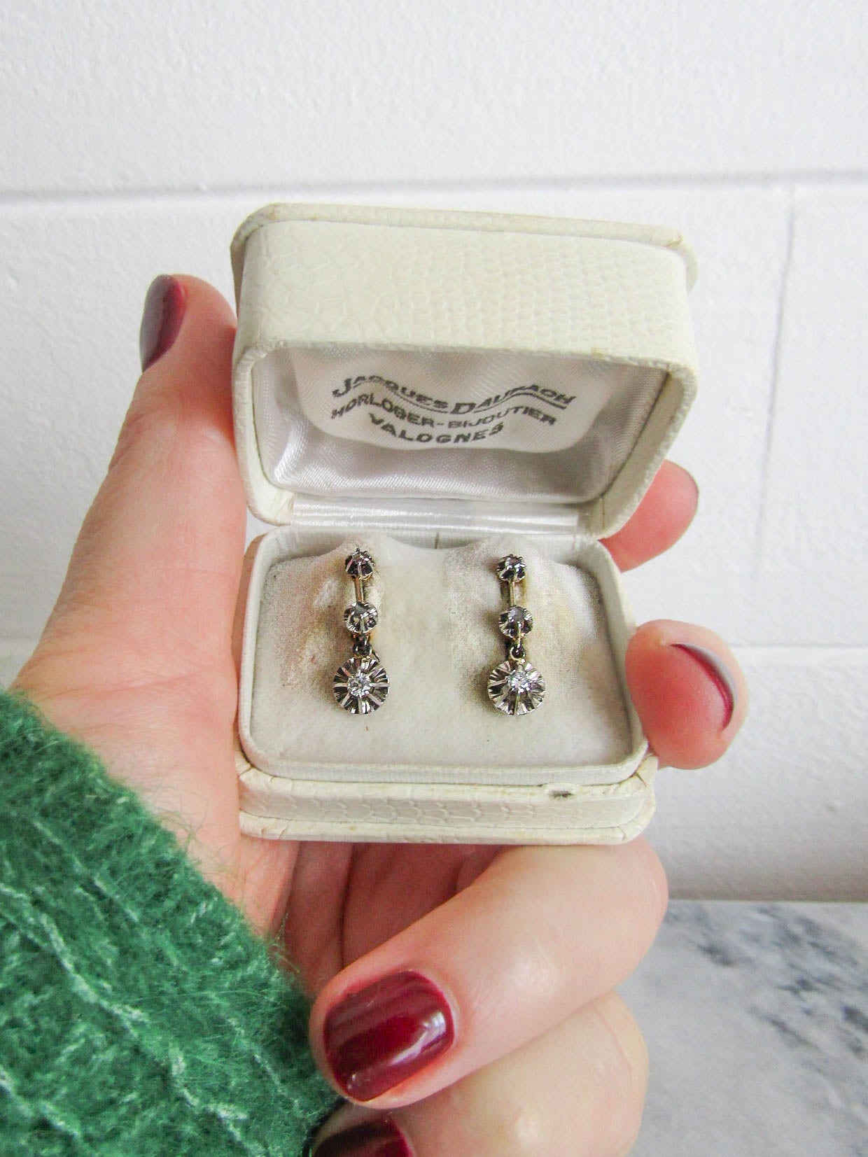 BOXED | Antique 18K Diamond Trembleuse Drop Earrings, French 18k White and Yellow Gold Dangle Earrings, Bridal Earrings c. 1930