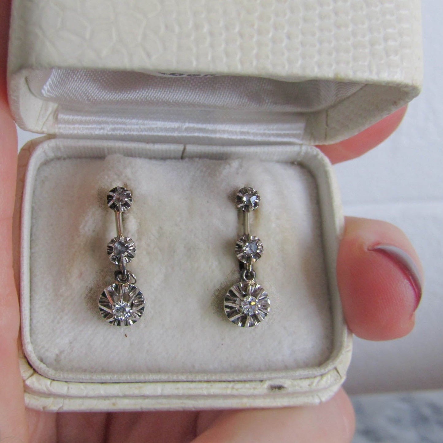 BOXED | Antique 18K Diamond Trembleuse Drop Earrings, French 18k White and Yellow Gold Dangle Earrings, Bridal Earrings c. 1930