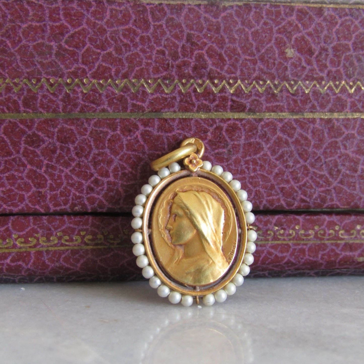 Antique Signed E. DROPSY Gold Filled Virgin Mary Religious Medal for Communion or Baptism c. 1900