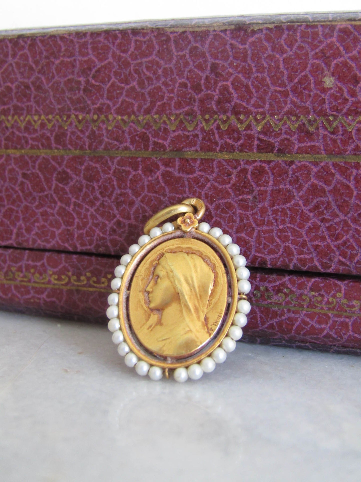 Antique Signed E. DROPSY Gold Filled Virgin Mary Religious Medal for Communion or Baptism c. 1900