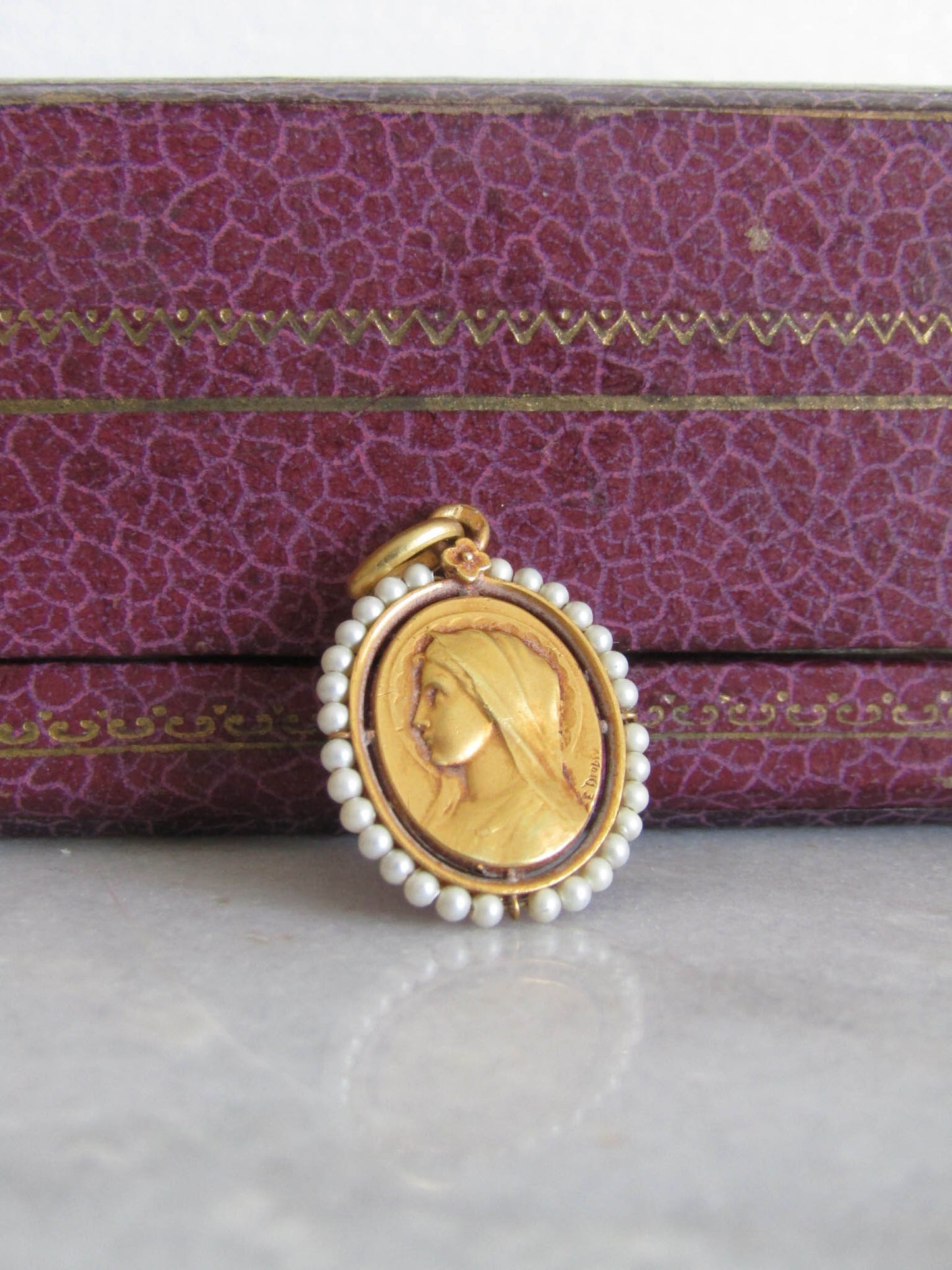 Antique Signed E. DROPSY Gold Filled Virgin Mary Religious Medal for Communion or Baptism c. 1900