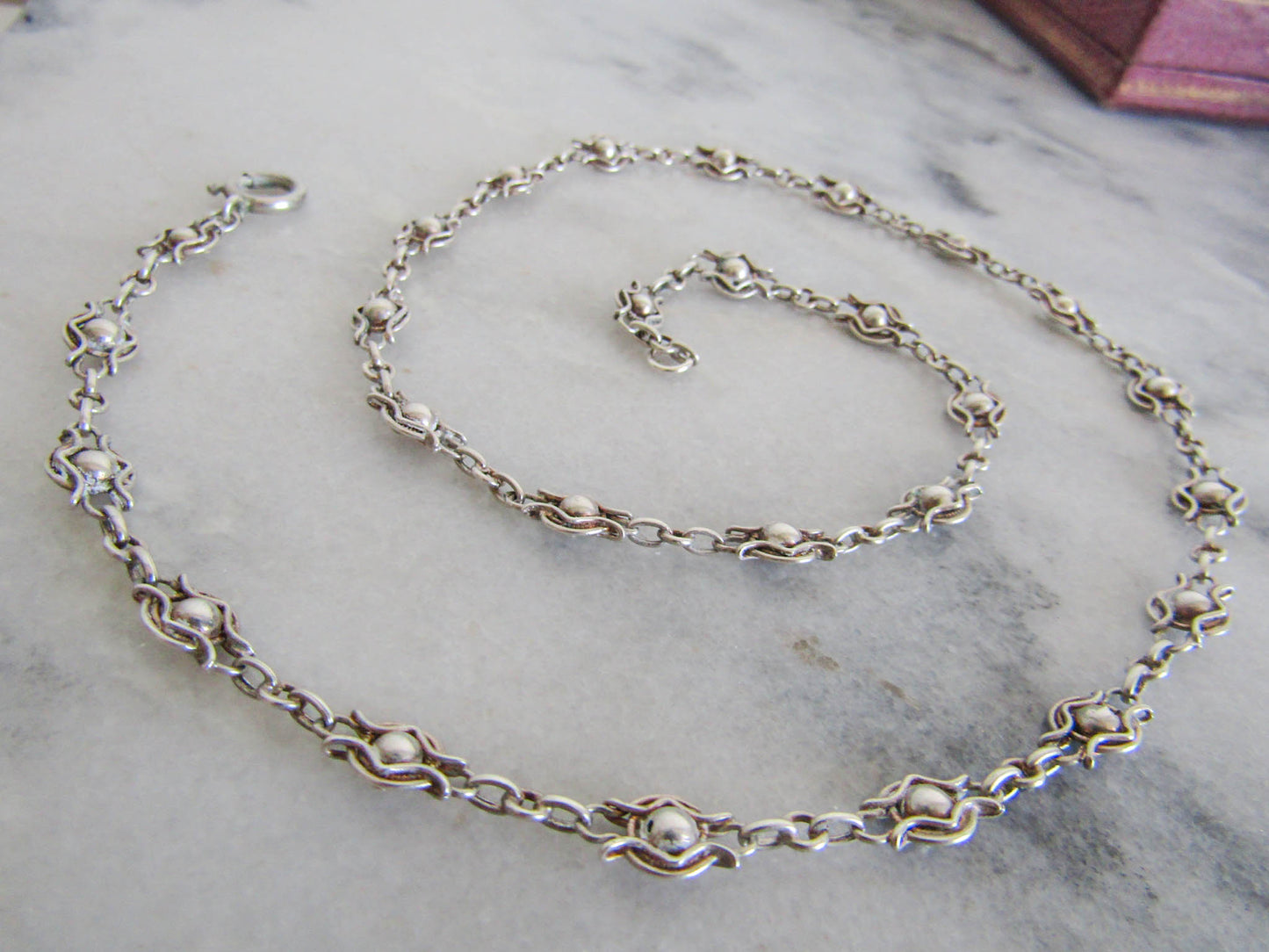 Antique French Silver Filigree Fancy Chain, Belle Epoque Half Guard Chain