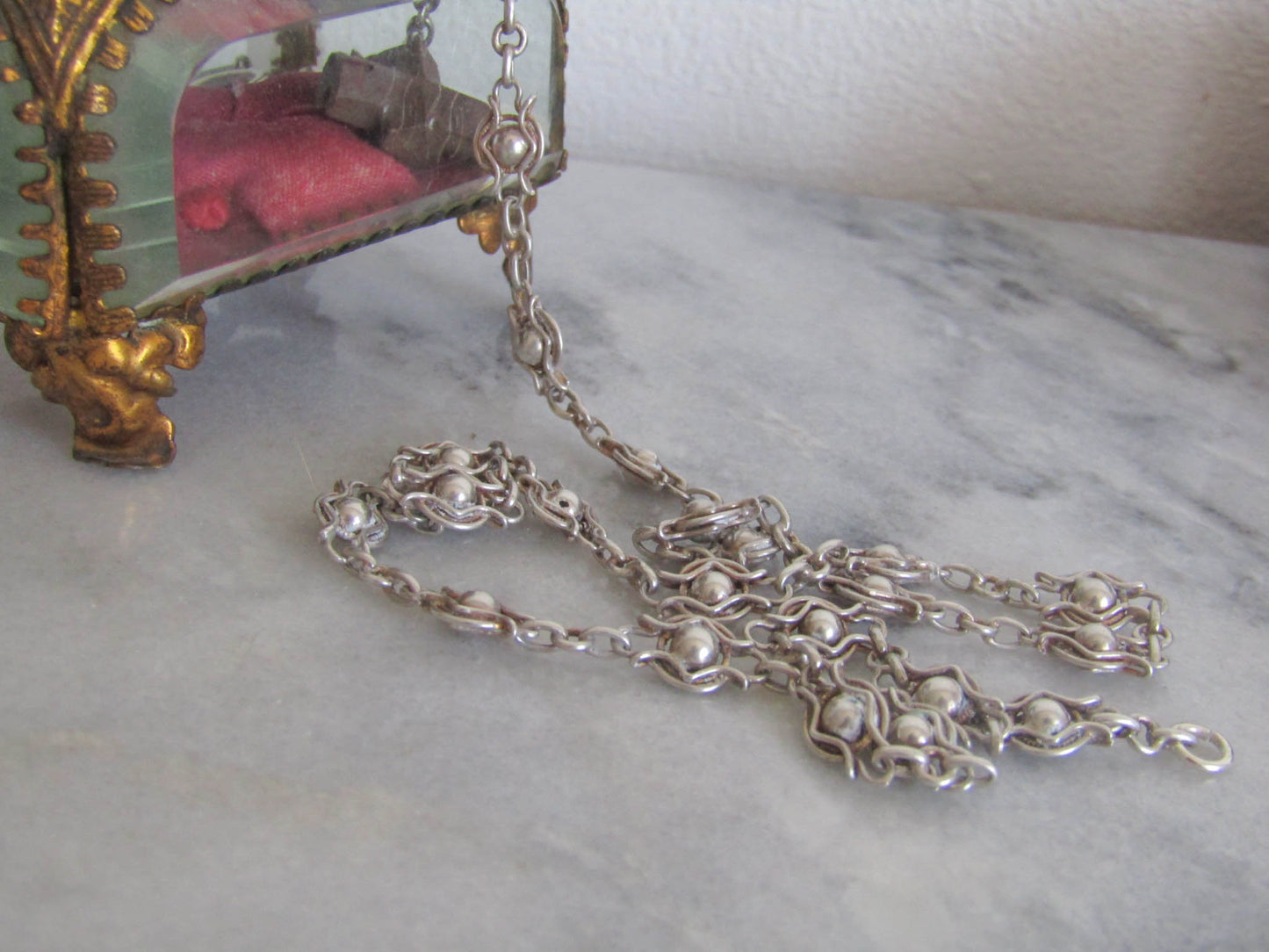 Antique French Silver Filigree Fancy Chain, Belle Epoque Half Guard Chain