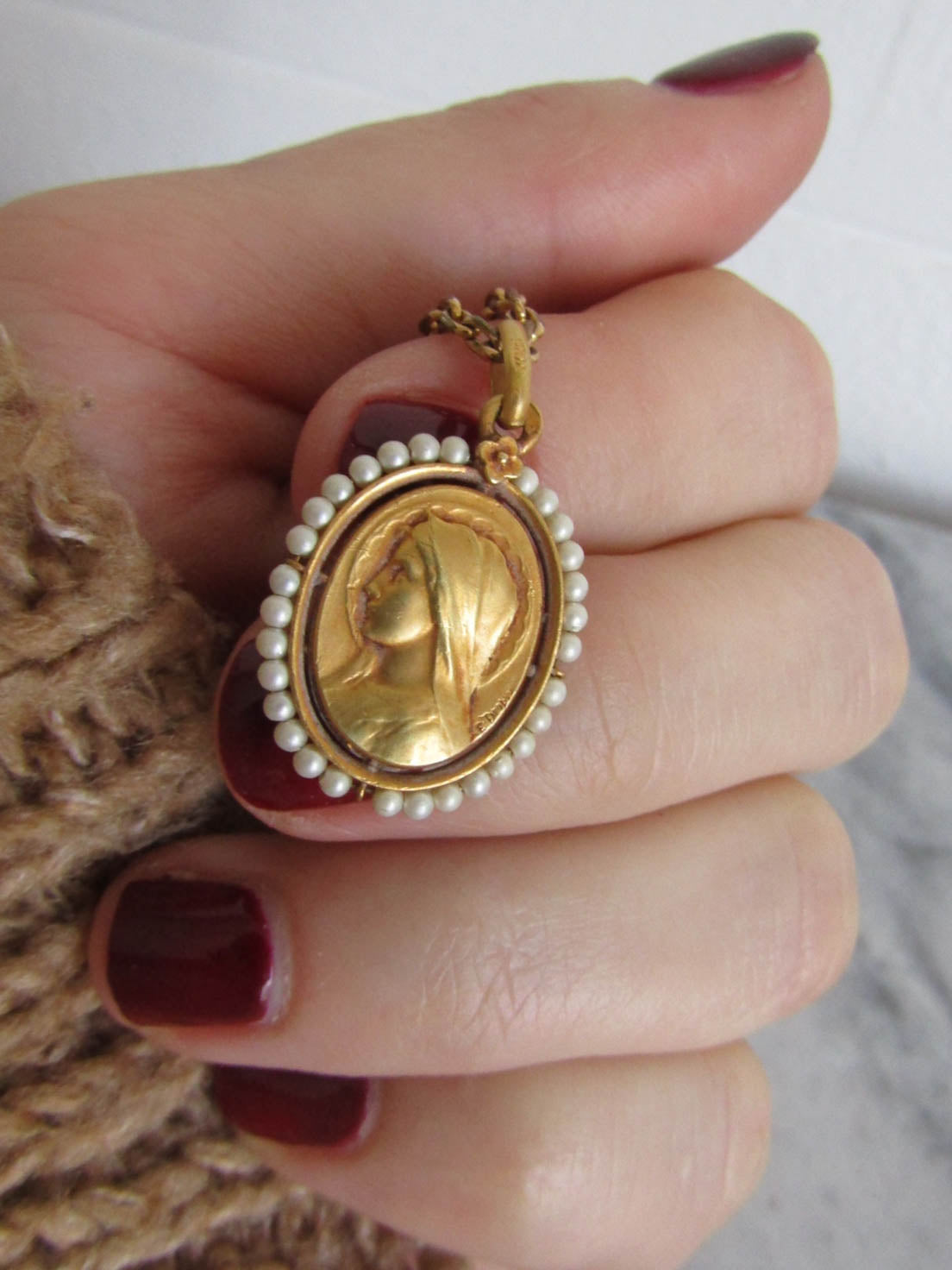 Antique Signed E. DROPSY Gold Filled Virgin Mary Religious Medal for Communion or Baptism c. 1900