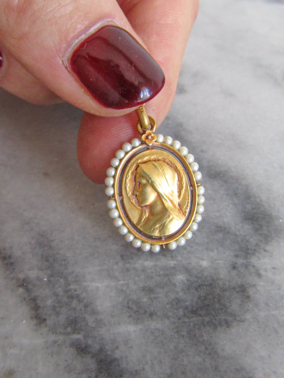 Antique Signed E. DROPSY Gold Filled Virgin Mary Religious Medal for Communion or Baptism c. 1900