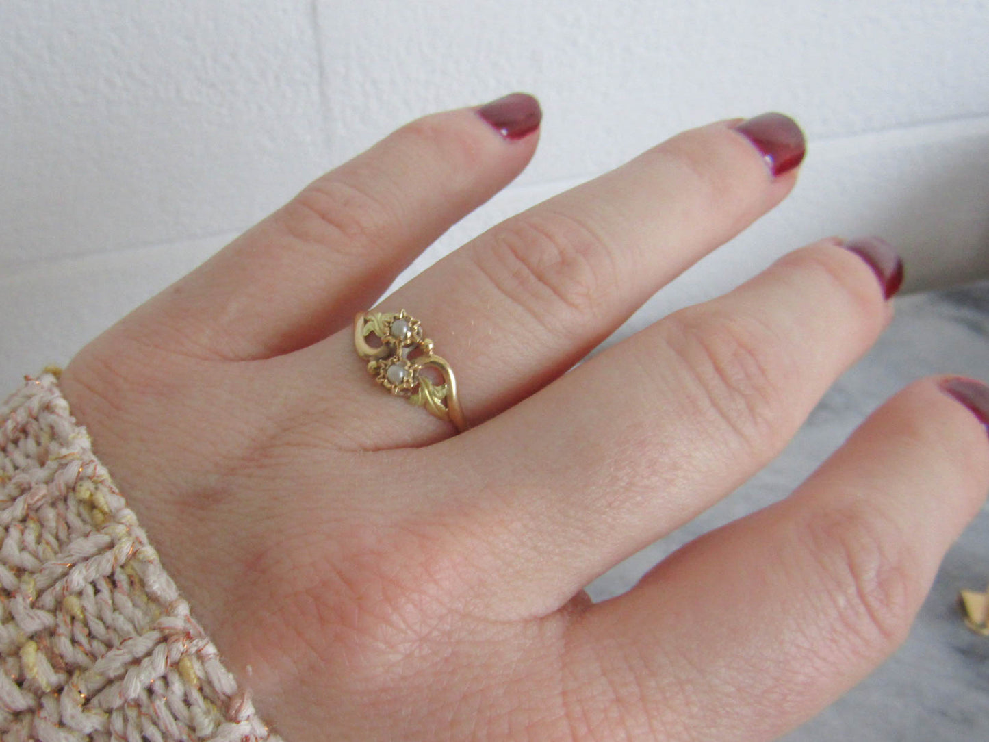 Antique 18k Toi et Moi Pearl Ring, Belle Epoque Art Nouveau Engagement Ring c. 1900