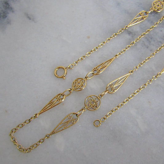 Antique French 18K Gold Filigree Heart Chain, Romantic Solid Gold Belle Epoque Necklace c. 1900