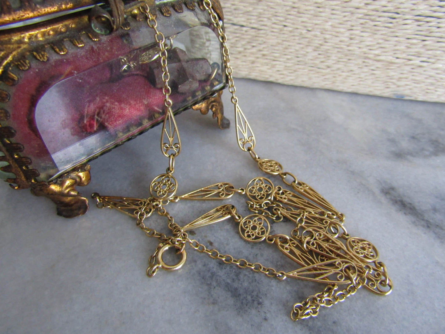 Antique French 18K Gold Filigree Heart Chain, Romantic Solid Gold Belle Epoque Necklace c. 1900