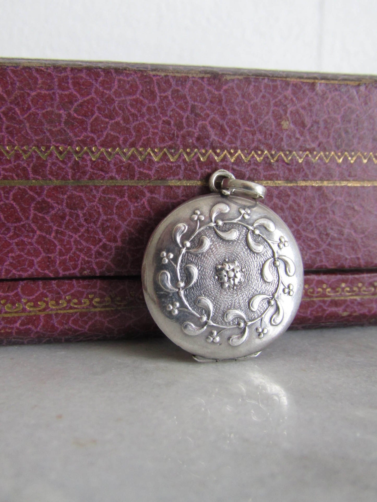 Antique Silver Round Mistletoe Locket, French Art Nouveau Round Locket c. 1900