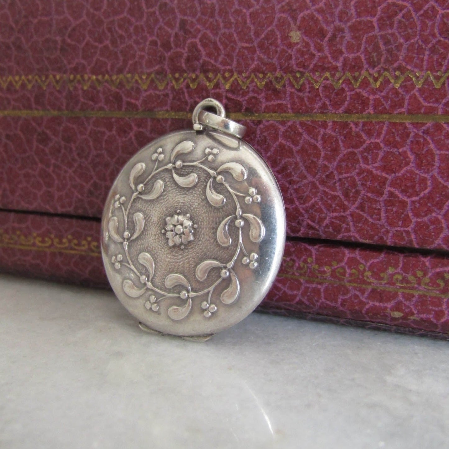 Antique Silver Round Mistletoe Locket, French Art Nouveau Round Locket c. 1900