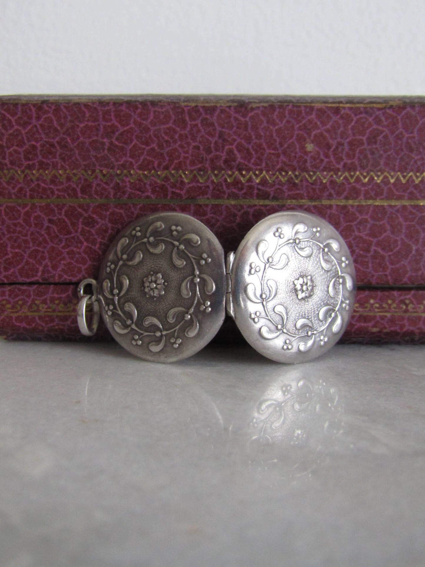 Antique Silver Round Mistletoe Locket, French Art Nouveau Round Locket c. 1900