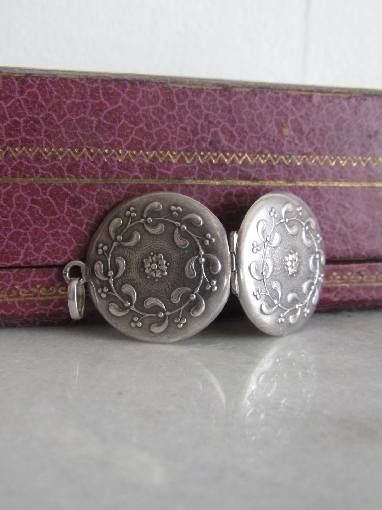 Antique Silver Round Mistletoe Locket, French Art Nouveau Round Locket c. 1900