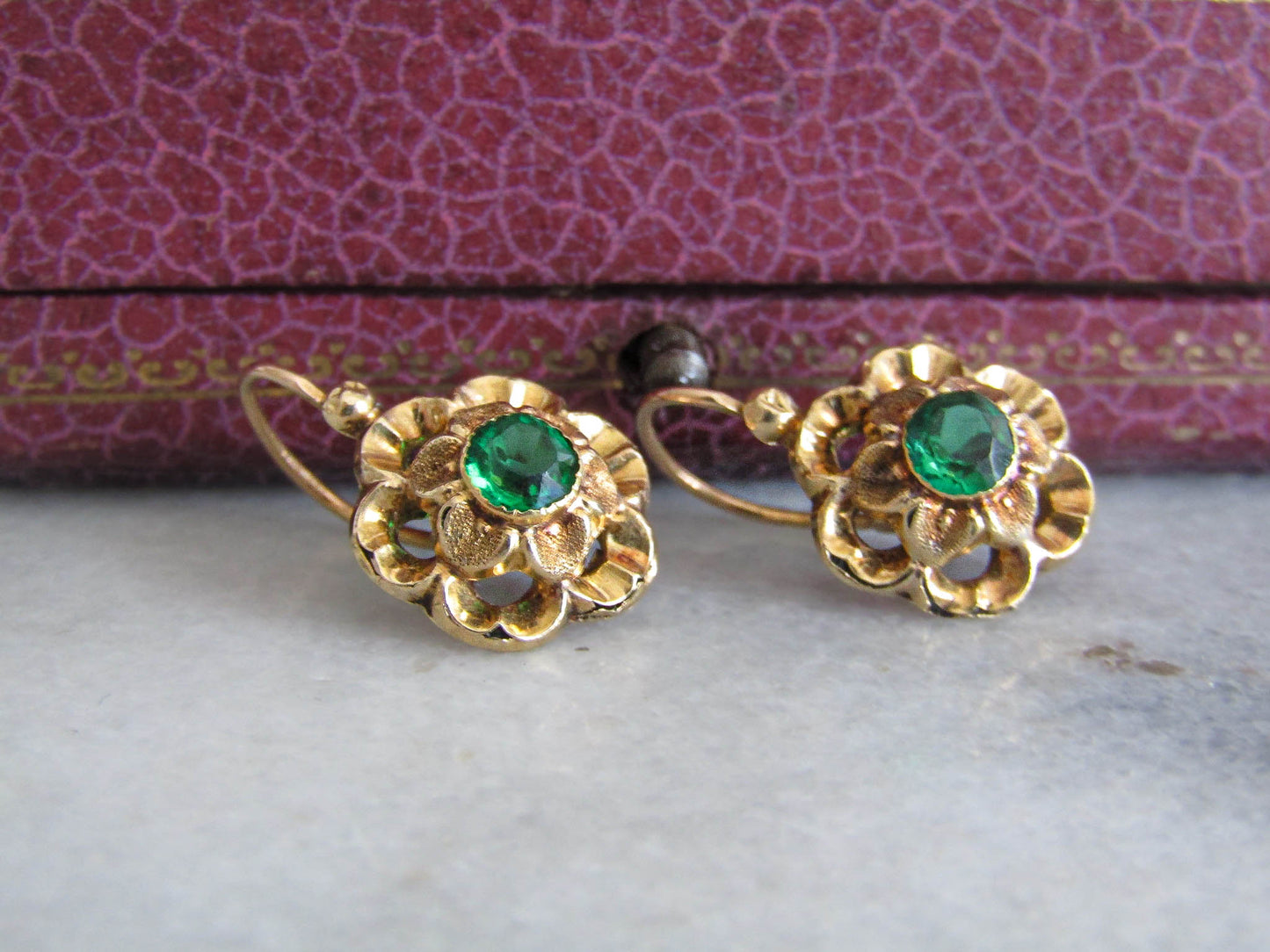 Vintage French Emerald Paste Floral Sleeper Earrings