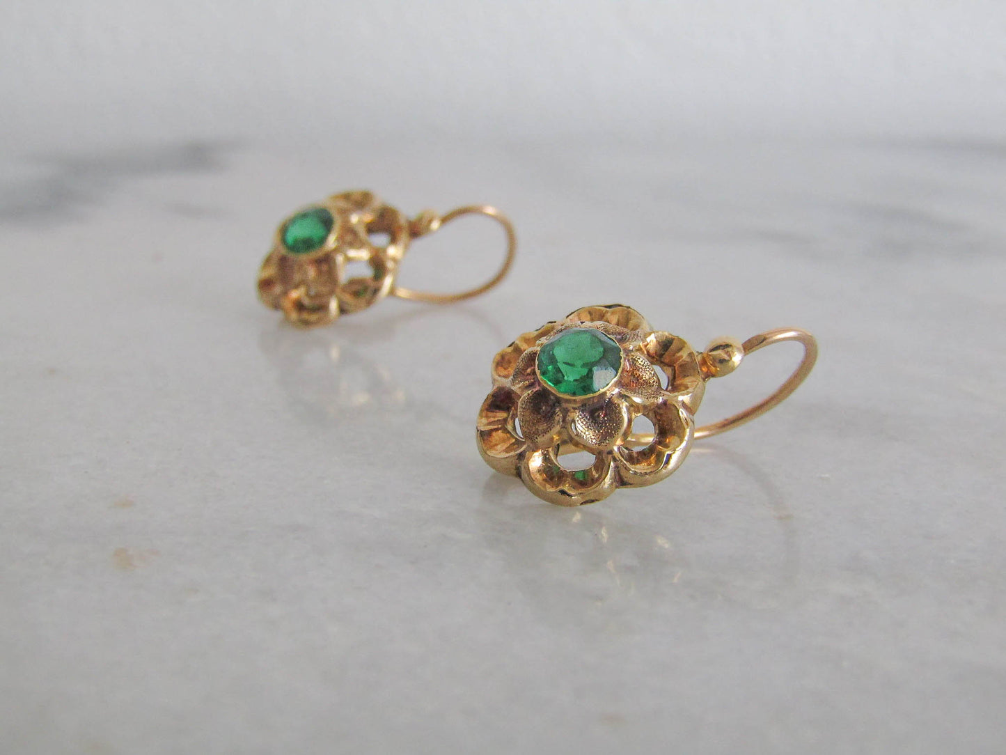 Vintage French Emerald Paste Floral Sleeper Earrings