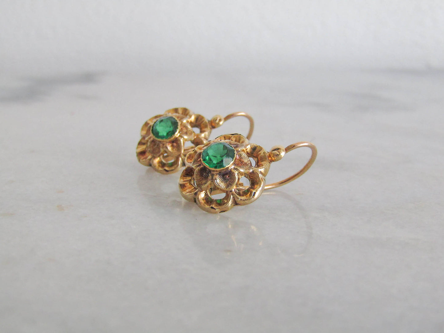 Vintage French Emerald Paste Floral Sleeper Earrings