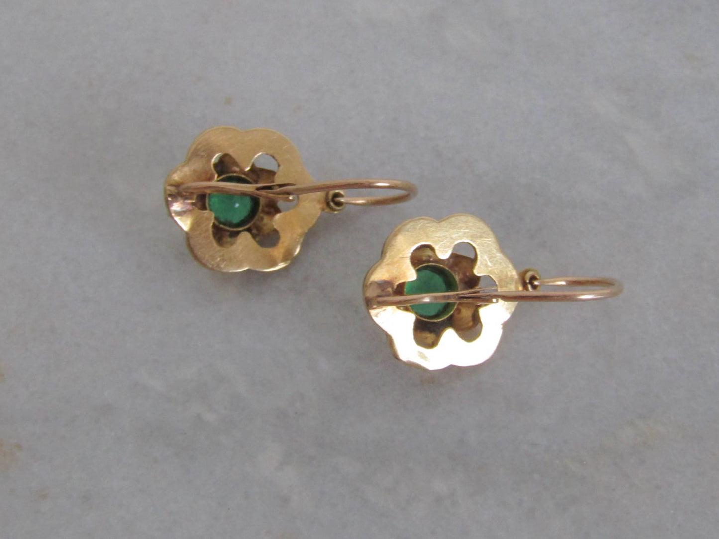 Vintage French Emerald Paste Floral Sleeper Earrings