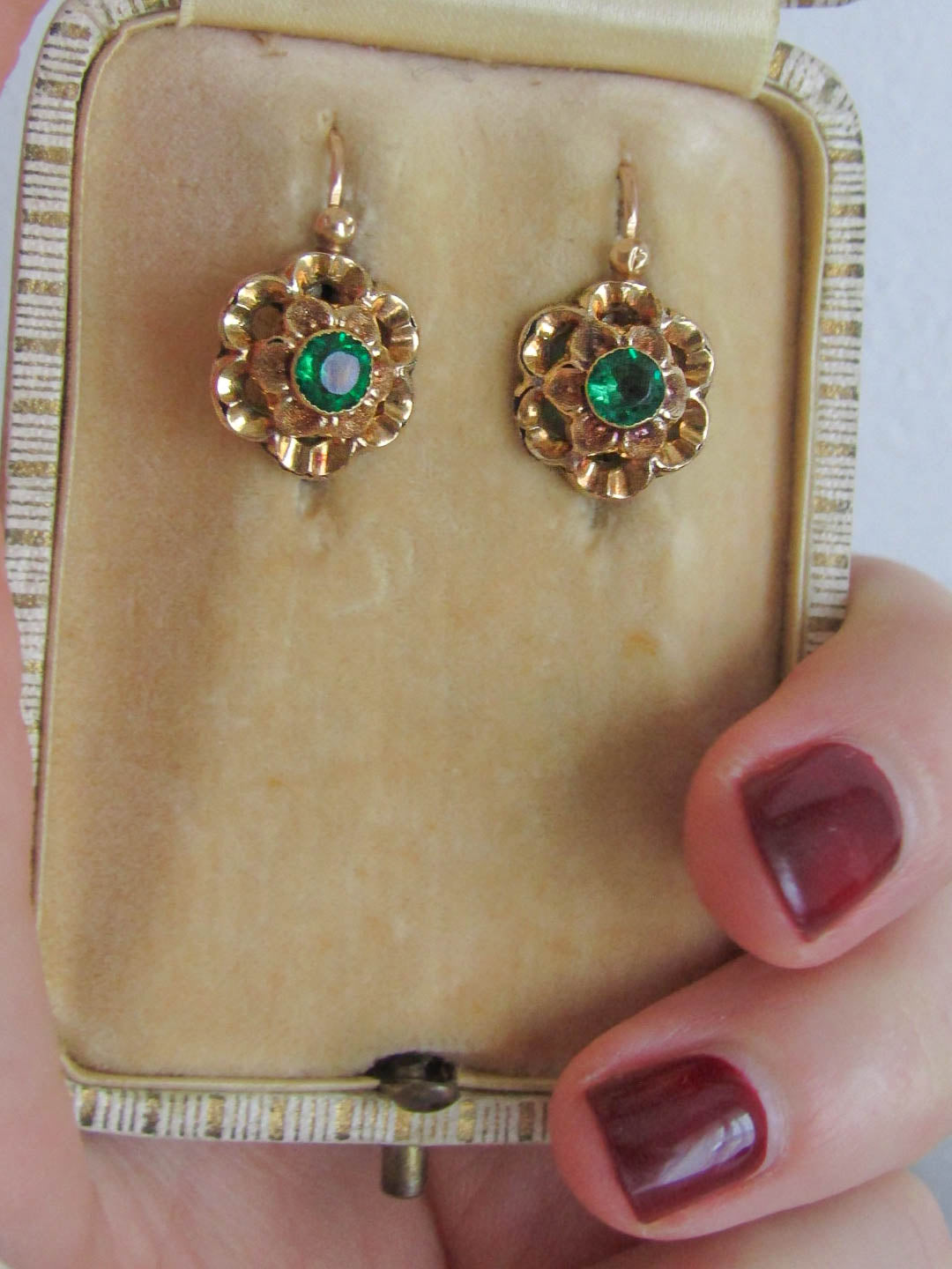 Vintage French Emerald Paste Floral Sleeper Earrings