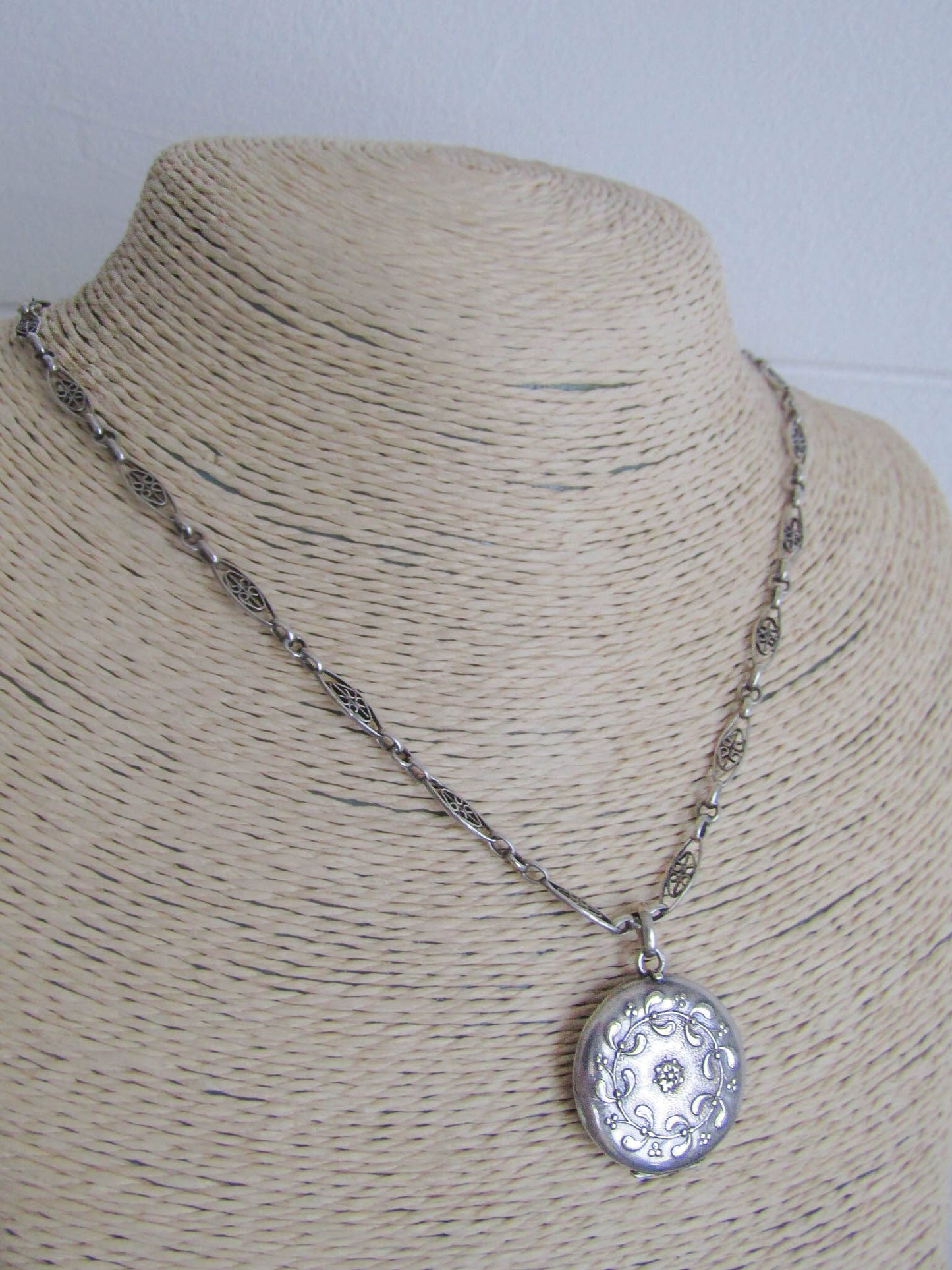 Antique Silver Round Mistletoe Locket, French Art Nouveau Round Locket c. 1900