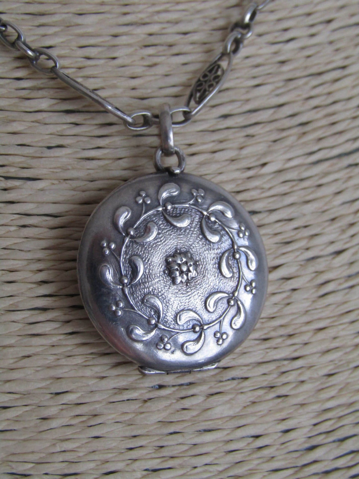 Antique Silver Round Mistletoe Locket, French Art Nouveau Round Locket c. 1900