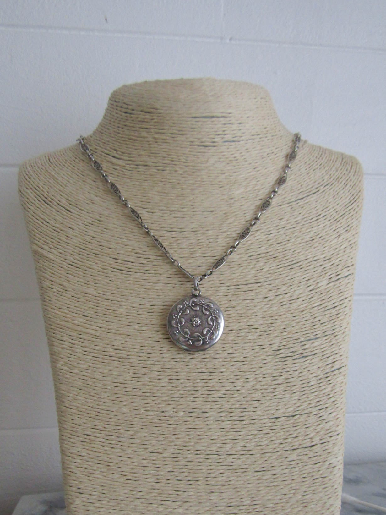 Antique Silver Round Mistletoe Locket, French Art Nouveau Round Locket c. 1900