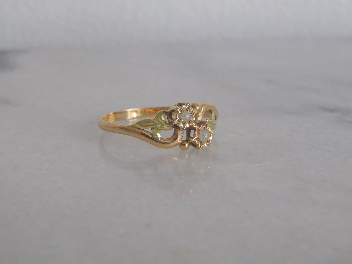 Antique 18k Toi et Moi Pearl Ring, Belle Epoque Art Nouveau Engagement Ring c. 1900