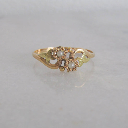 Antique 18k Toi et Moi Pearl Ring, Belle Epoque Art Nouveau Engagement Ring c. 1900