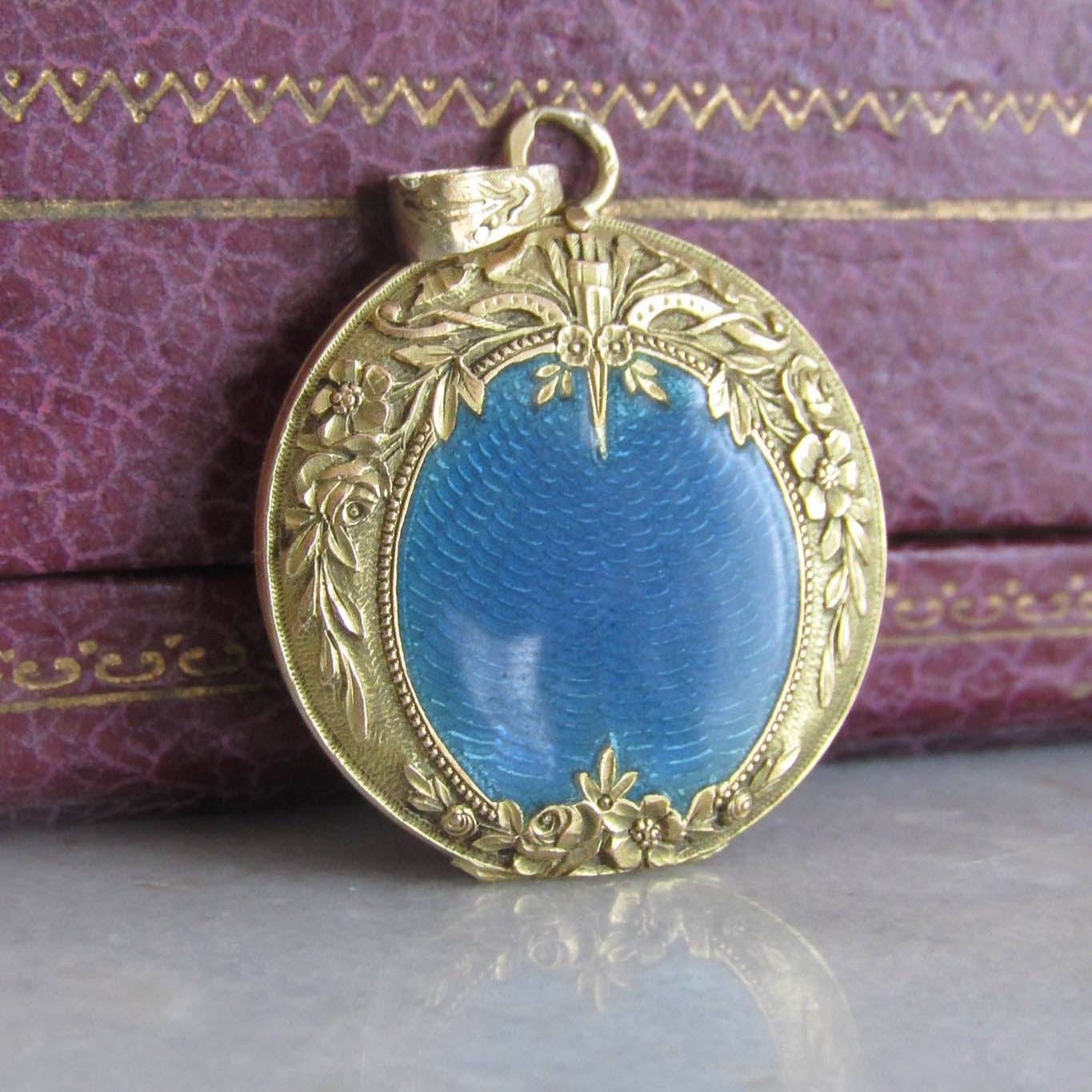 18K Gold Art Nouveau Guilloche Enameled French Locket with Floral Details c. 1900