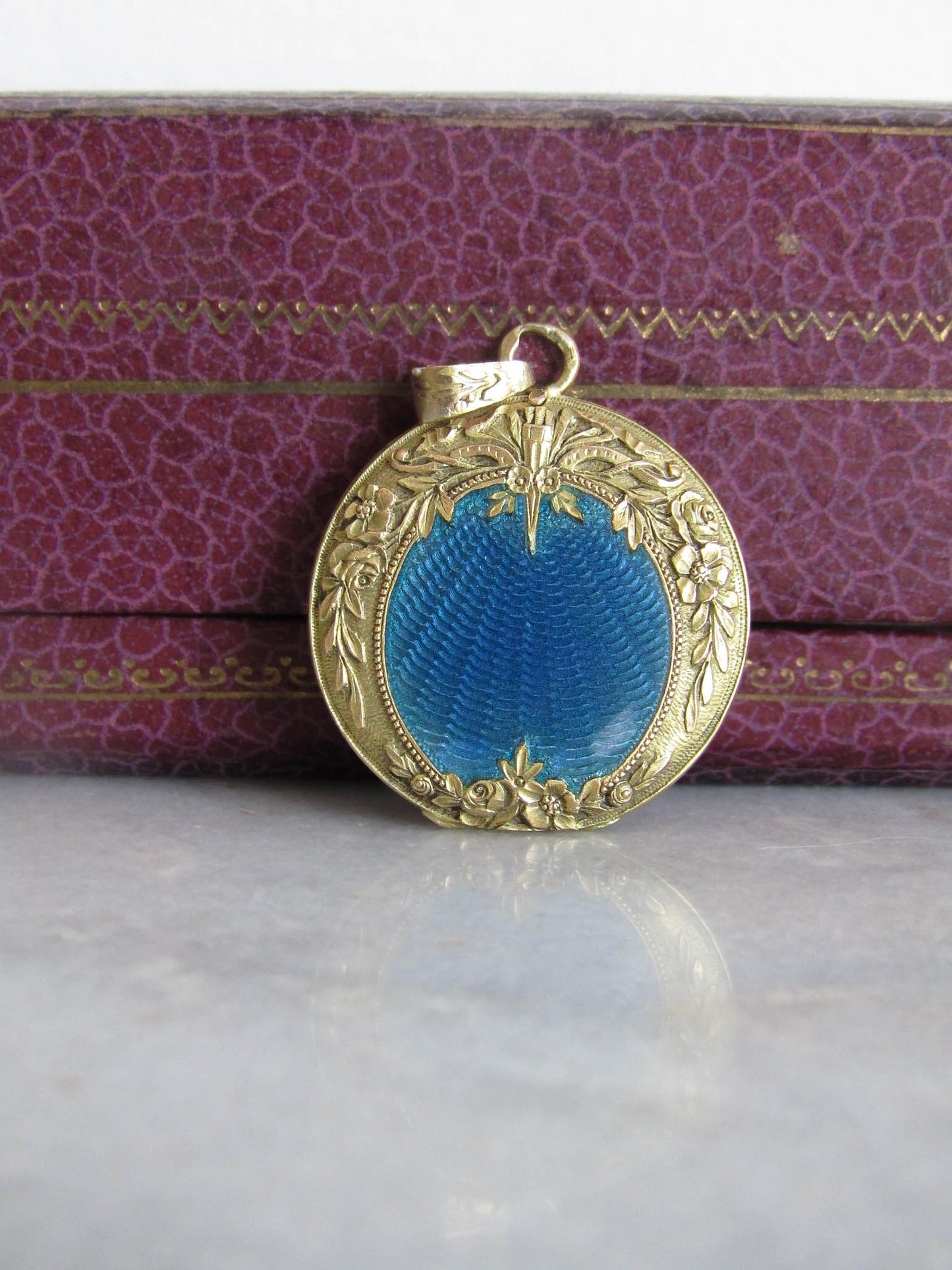 18K Gold Art Nouveau Guilloche Enameled French Locket with Floral Details c. 1900