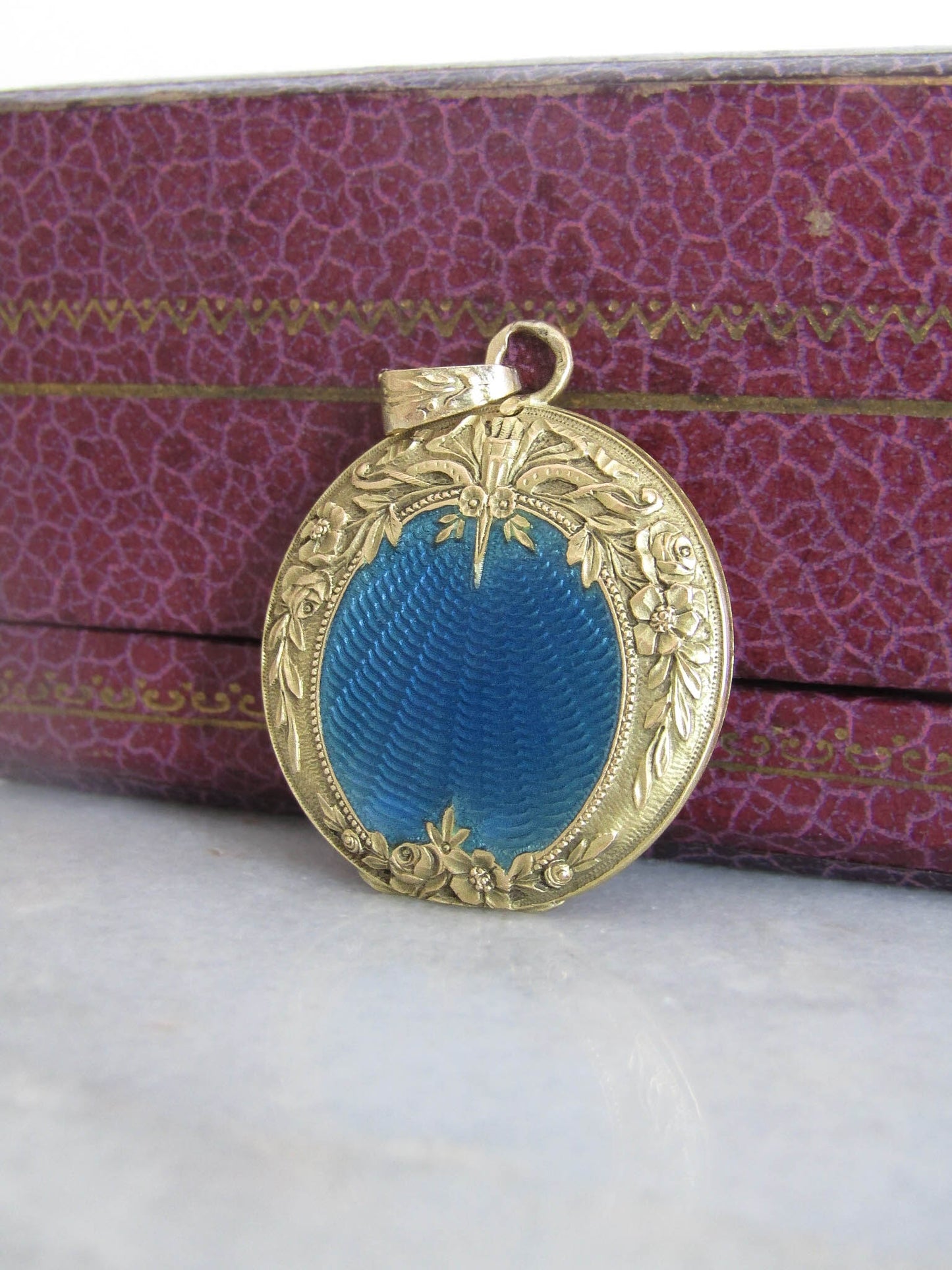 18K Gold Art Nouveau Guilloche Enameled French Locket with Floral Details c. 1900