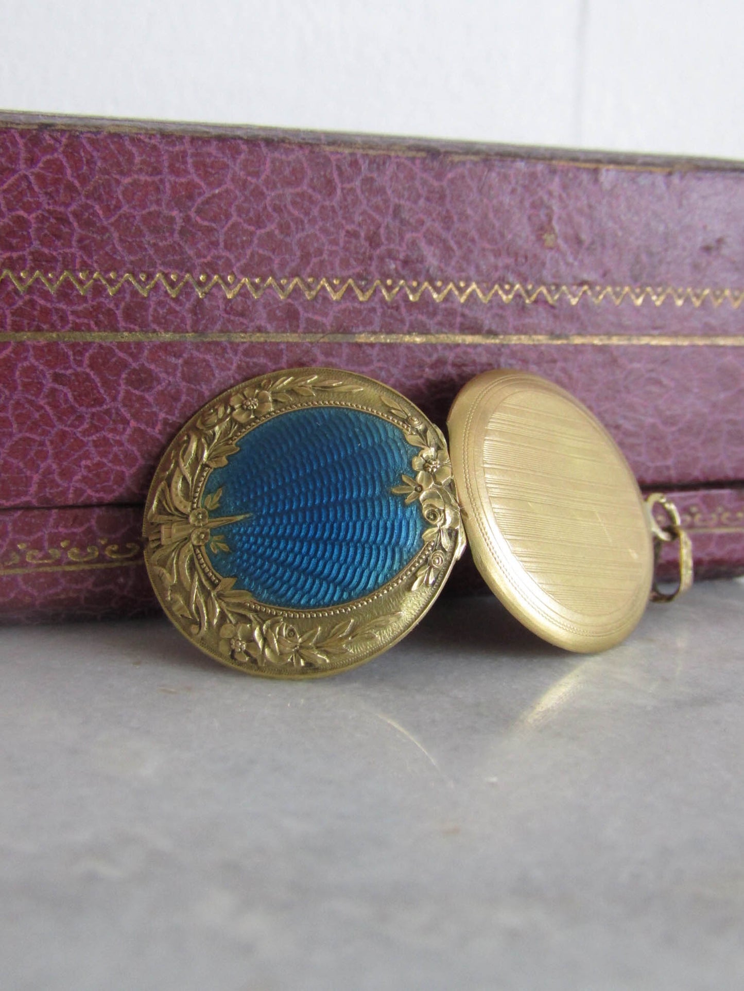 18K Gold Art Nouveau Guilloche Enameled French Locket with Floral Details c. 1900