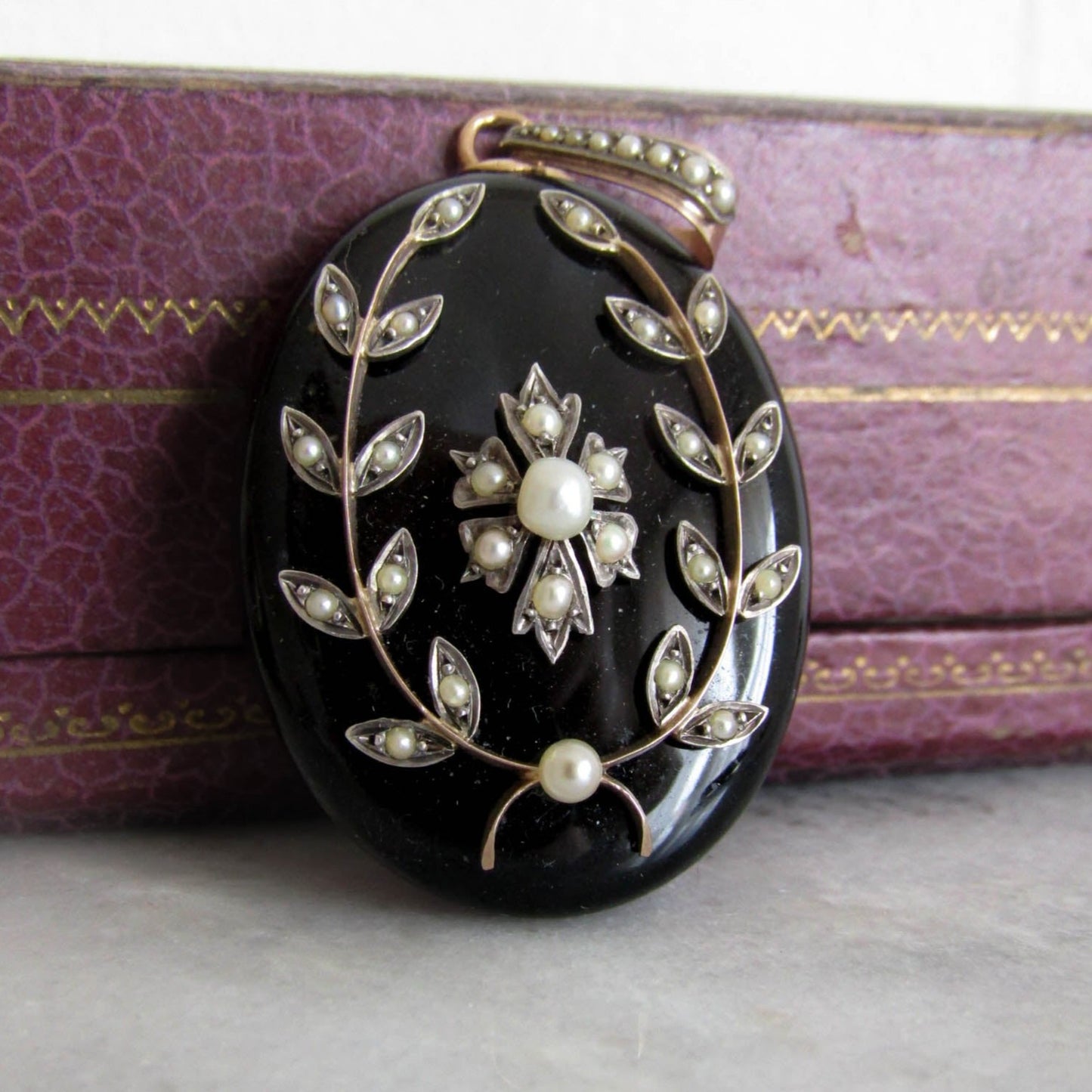 Antique 18k Onyx Seed Pearl Mourning Locket, French Victorian Locket c. 1880