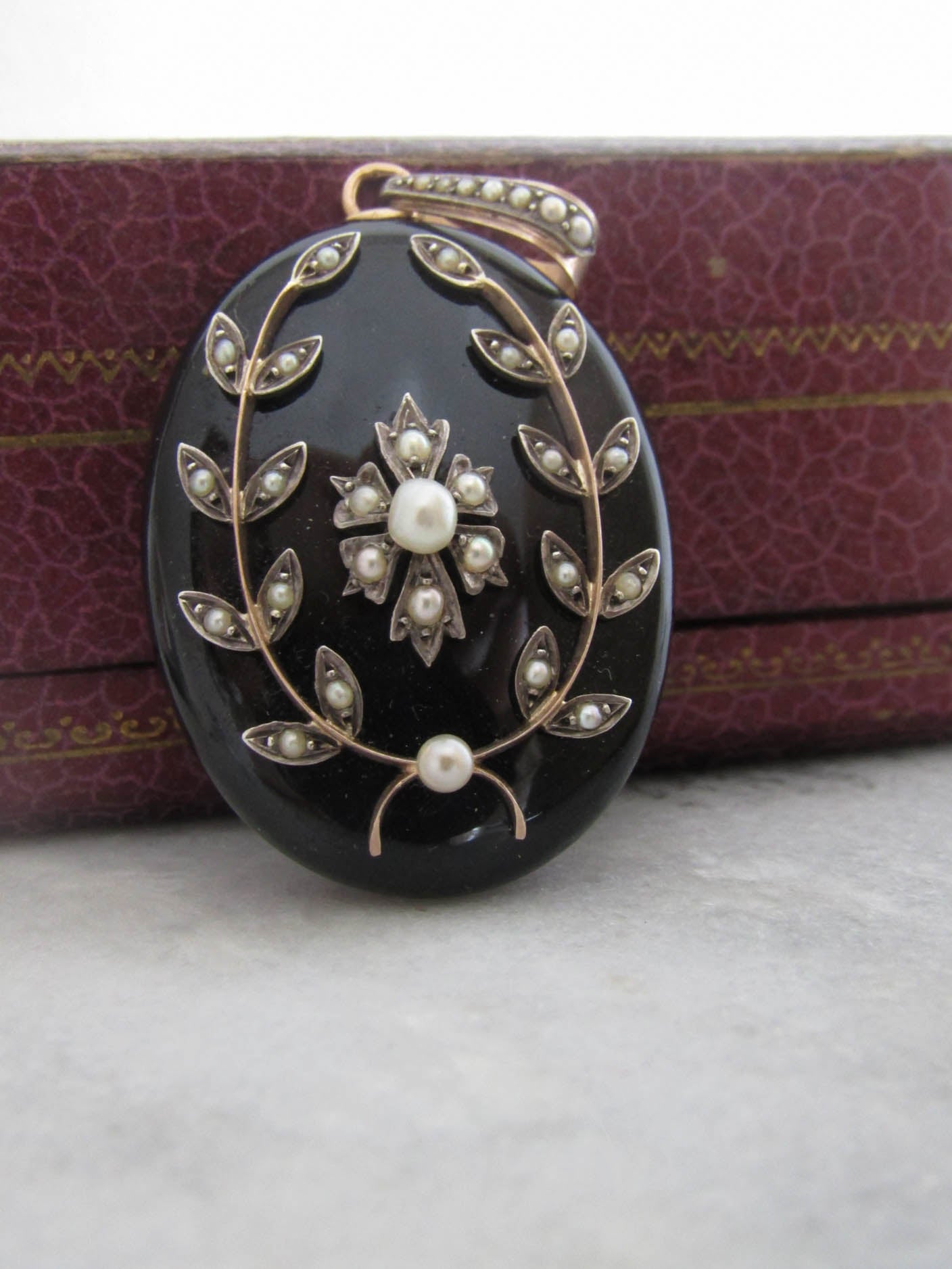 Antique 18k Onyx Seed Pearl Mourning Locket, French Victorian Locket c. 1880