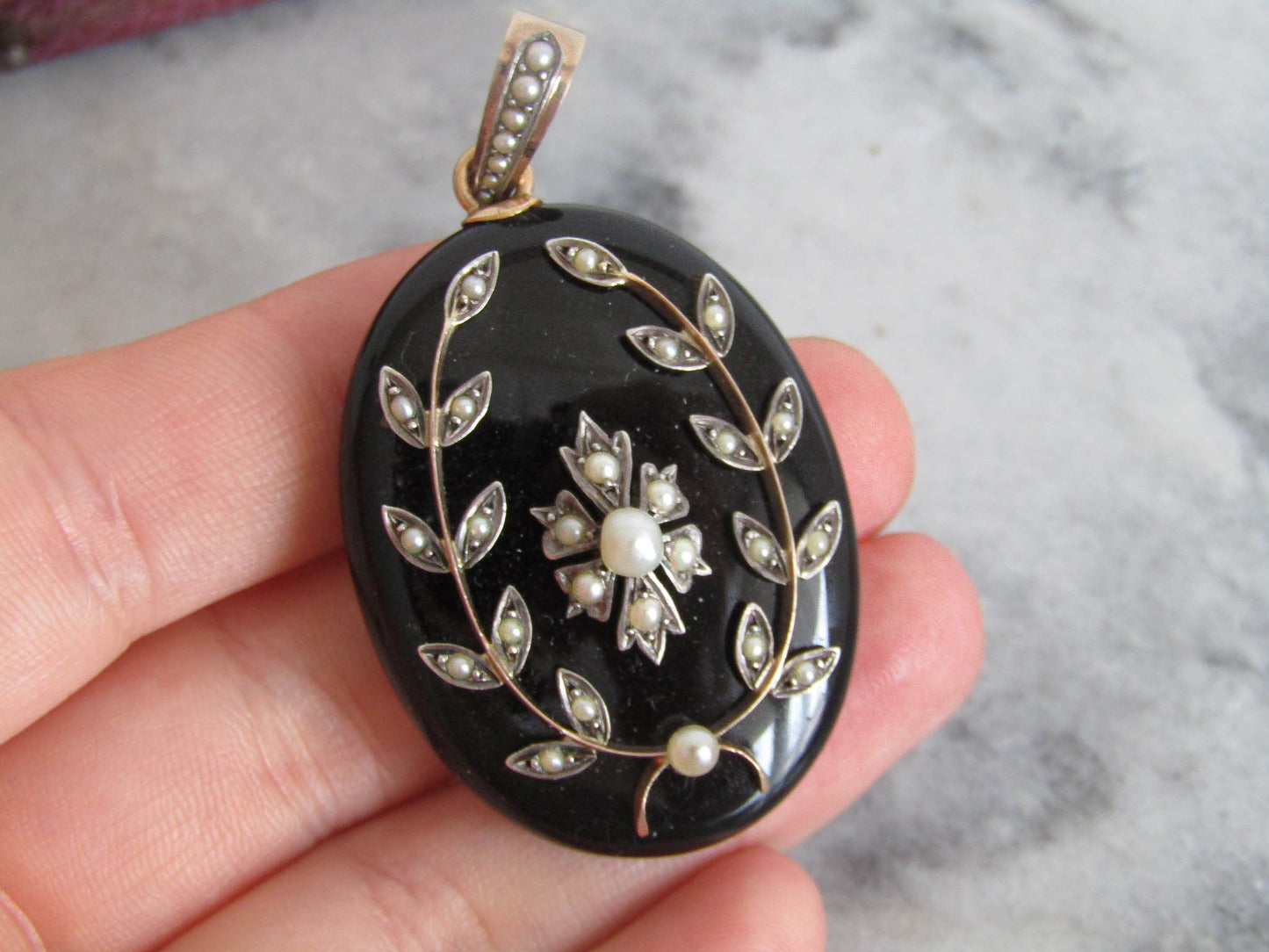 Antique 18k Onyx Seed Pearl Mourning Locket, French Victorian Locket c. 1880