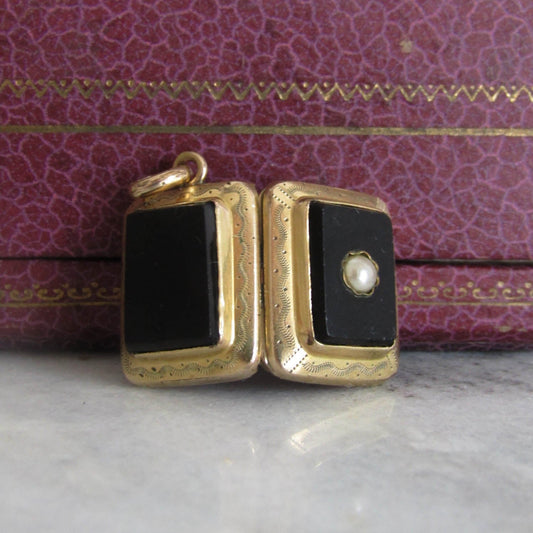 Antique Gold Filled Onyx Mourning Locket, Rectangular Onyx Pendant with Hinged Glass Partition c. 180