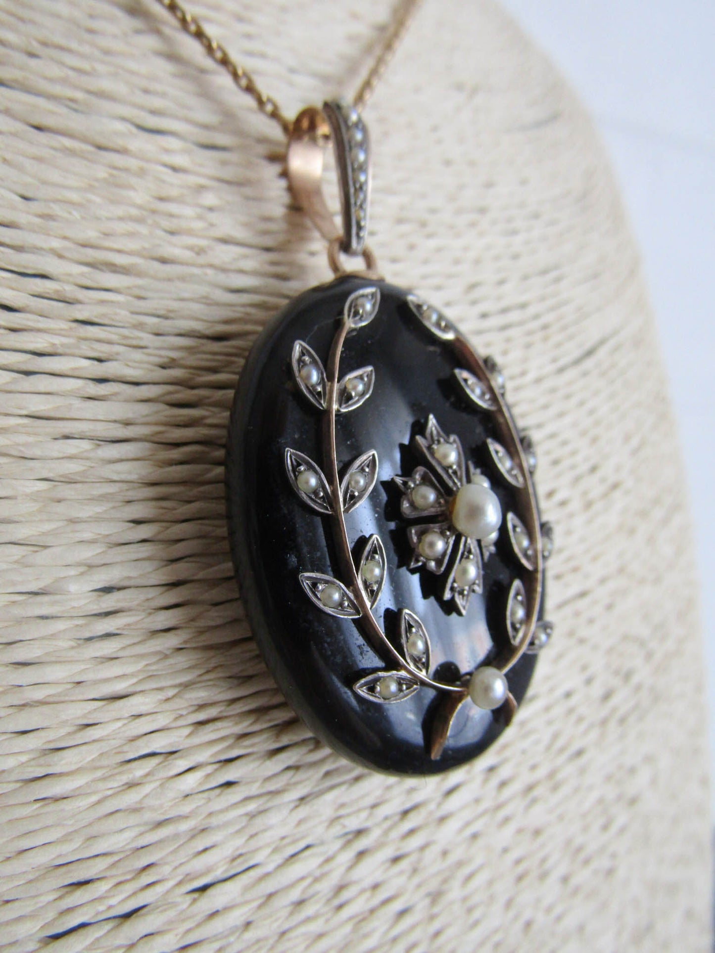 Antique 18k Onyx Seed Pearl Mourning Locket, French Victorian Locket c. 1880