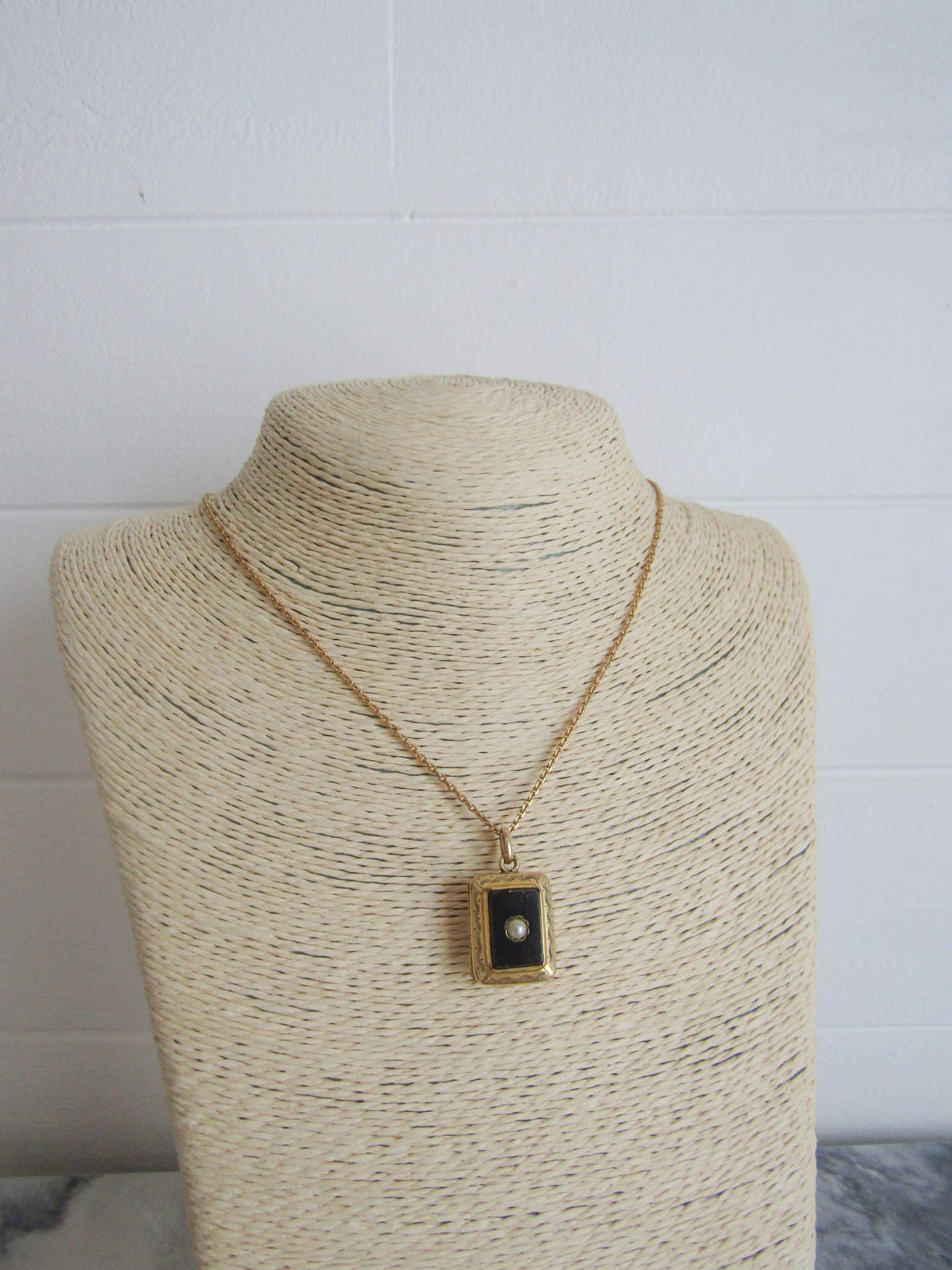 Antique Gold Filled Onyx Mourning Locket, Rectangular Onyx Pendant with Hinged Glass Partition c. 180