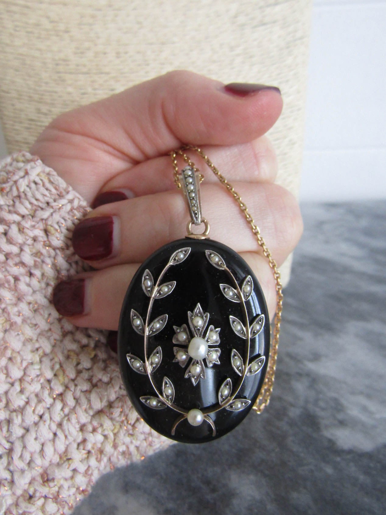 Antique 18k Onyx Seed Pearl Mourning Locket, French Victorian Locket c. 1880