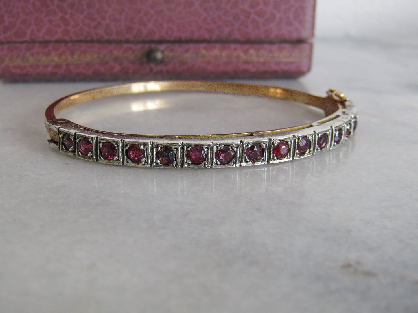 Vintage 18k Gold and Silver Red Spinel Bangle Bracelet c. 1940, Art Deco French Opening Bracelet with Box Clasp